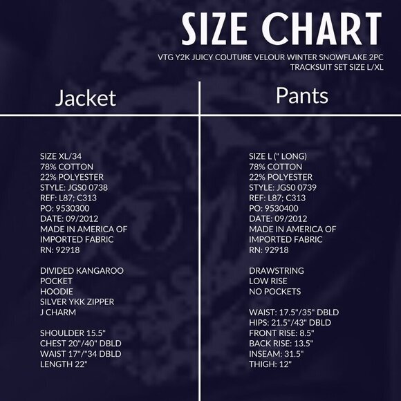 Vtg Y2K JUICY COUTURE Velour Winter Snowflake 2pc Tracksuit Set Size L/XL - Picture 4 of 9